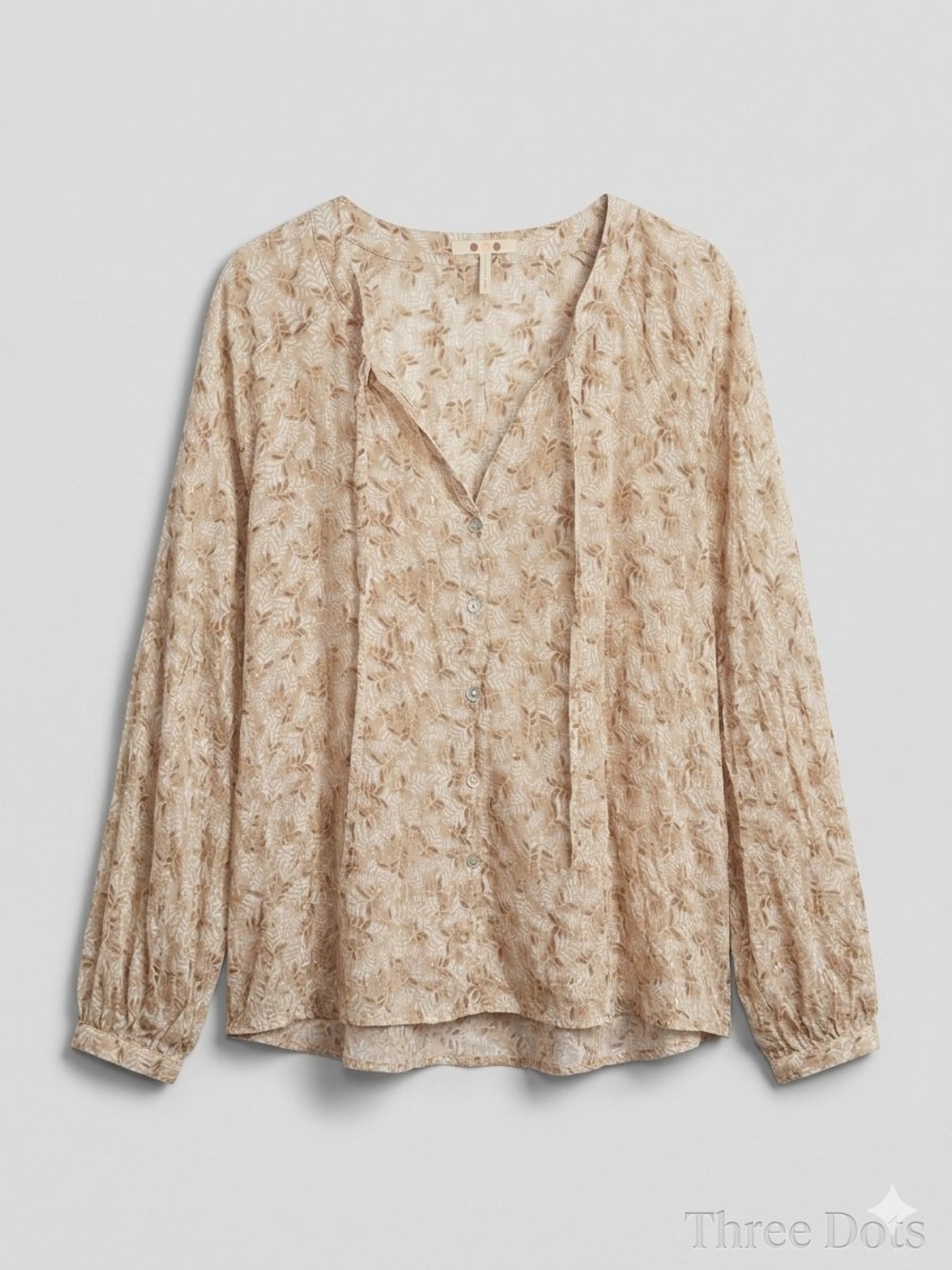 Three Dots Beige Floral Tie-Neck Button Down Blouse/ NWT/ L / Ptp-23”